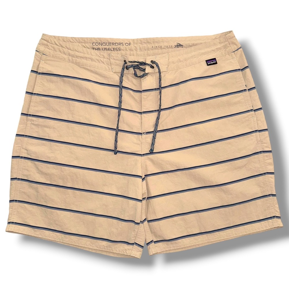 Patagonia Wavefarer Hybrid Walk Shorts Mens 36‎ Oar Tan Striped Nylon Swim Trunk